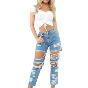 FASHION NOVA Get Ready Distressed Boyfriend Medium Blue Jeans 11 NWT